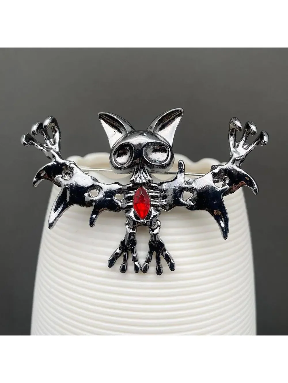 Unique Silver Tone Cat and Bat Gothic Brooch with Red Gem